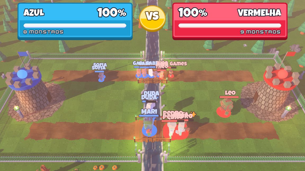 Partida do Arena Tower Defense: a torre azul à esquerda e a vermelha à direita, com monstros dos dois times se enfrentando nas pontes e os apelidos de quem os criou em cima de cada um.