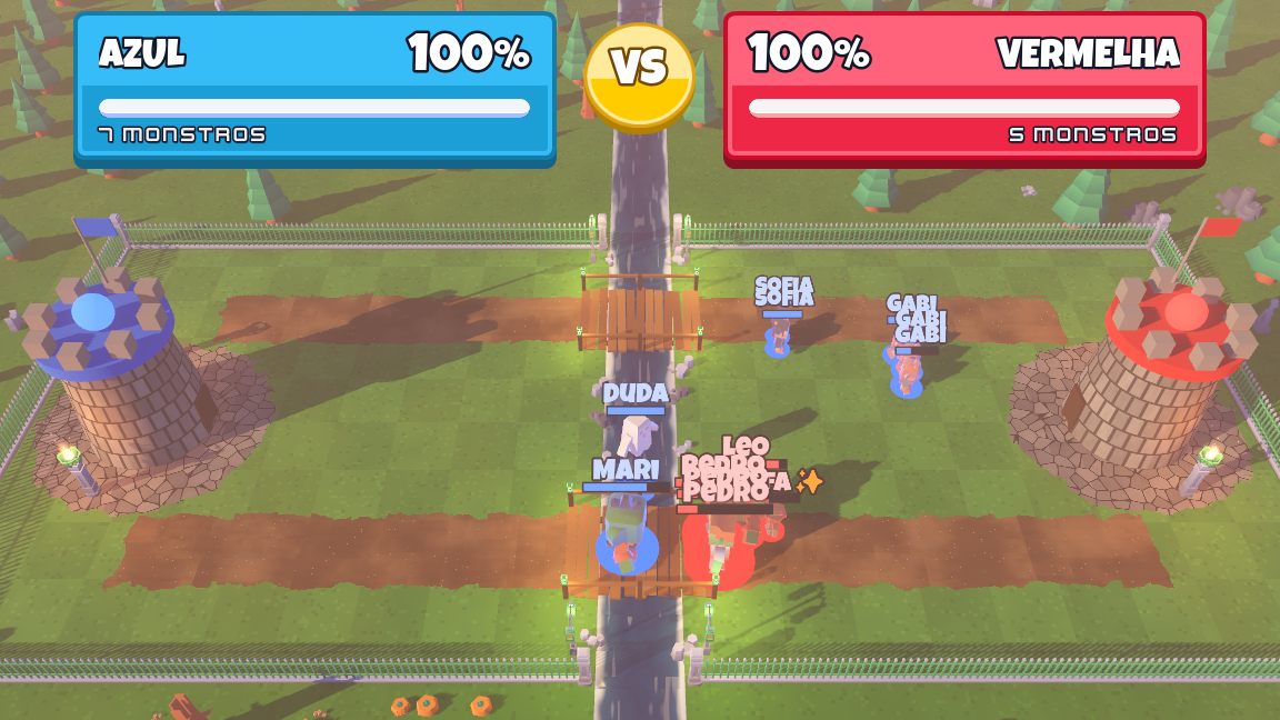 Monstros azuis e vermelhos se enfrentando numa das pontes da arena, com o placar de cada torre no alto da tela.